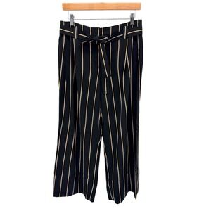 Cedric Charlier Black Striped High Waist Wide‎ Leg Pants Size 10 Belted Luxury